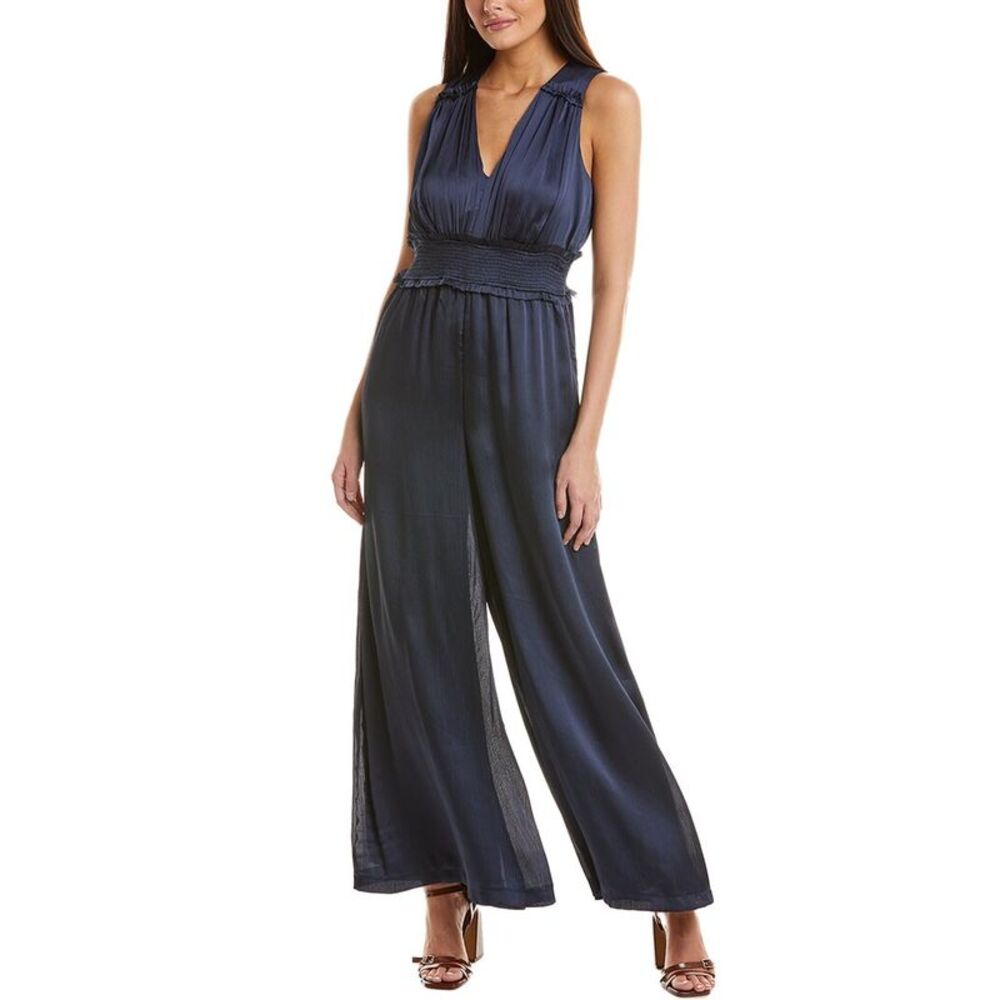 CeCe Midnight Navy V-Neck Smocked-Waist Wide-Leg Jumpsuit